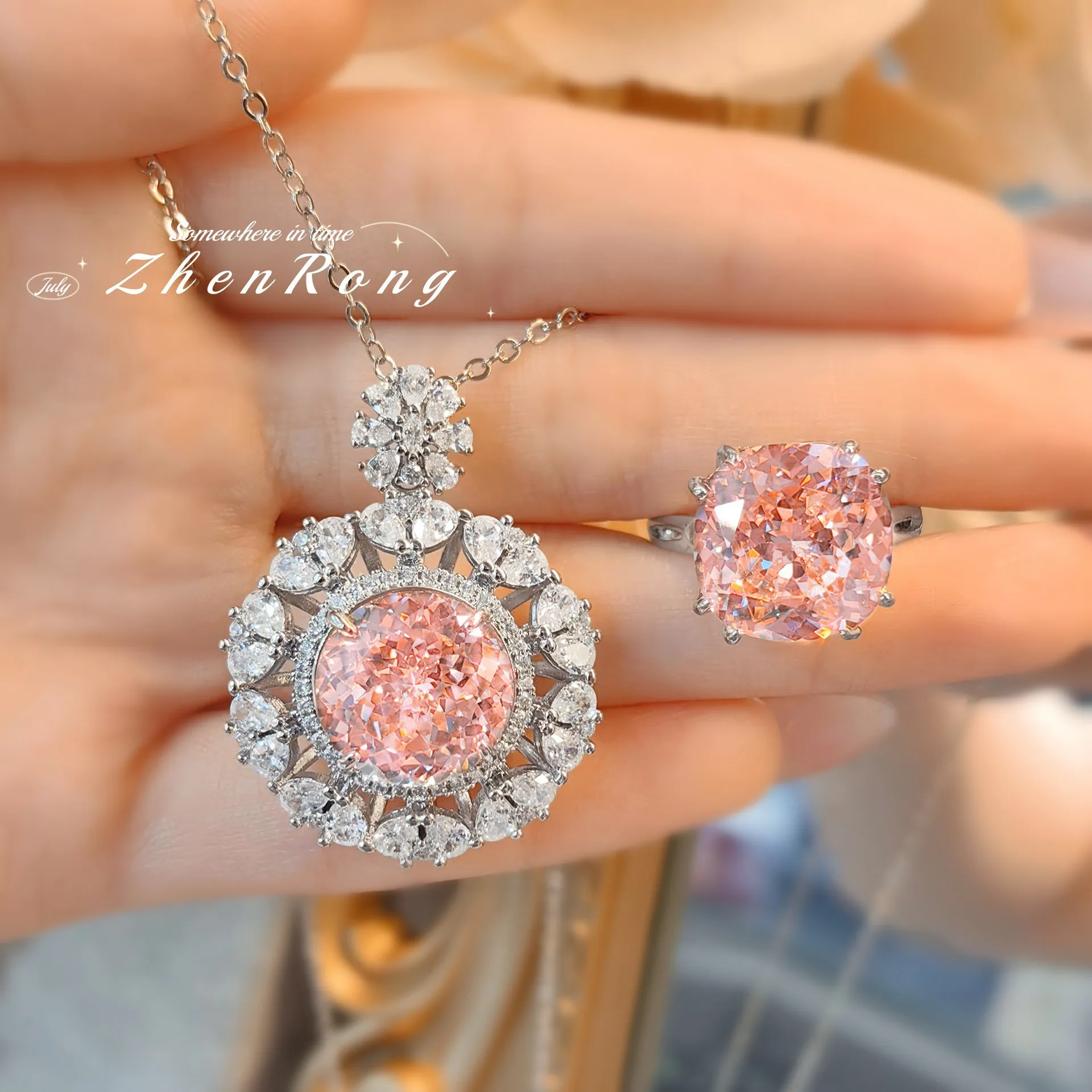 

Luxury Champagne CZ Crystal Jewelry Sets For Women Silver Color Rings Pendant Necklaces Ladies Wedding 2 Piece Sets