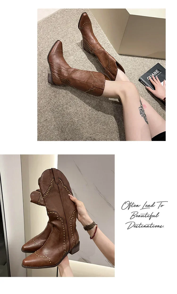 Retro Nieten-Cowboystiefel für Damen 2024 Herbst Klobige Absätze Western-Stiefel Slip-on Spitze Cowgirl-Stiefel – Detail 12
