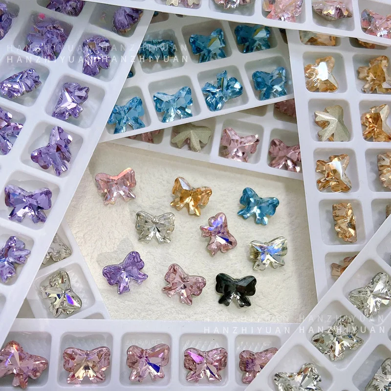 Diamantes de imitación de mariposa de cristal K9, decoración de uñas con fondo puntiagudo, 3D, Flash, Bowknot, Aurora, piedras preciosas de cristal, accesorios de manicura, 5 piezas