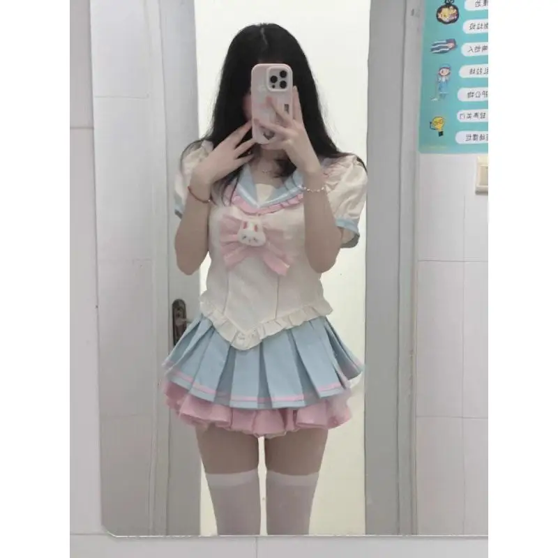 

Lolita Sweet Sister Slim Fit Knot Navy Collar Shirt Puffy Waist Short Skirt Two Piece Set Women's Fashion Ensemble