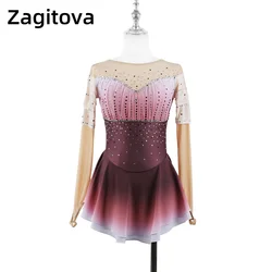 Zagitova Figure Skating Dress For Women Girls Ice Skating Clothes Long Sleeve Sling Desert Rose Gold Gradient With Shiny Diamond