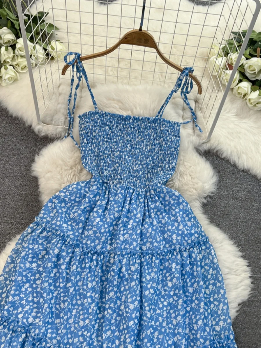 Blu Stampa floreale Maxi Dr Donna Primavera Estate Vita alta Tie Dye Strapl Abito da spiaggia Coreano Sle A-Line Midi Dr