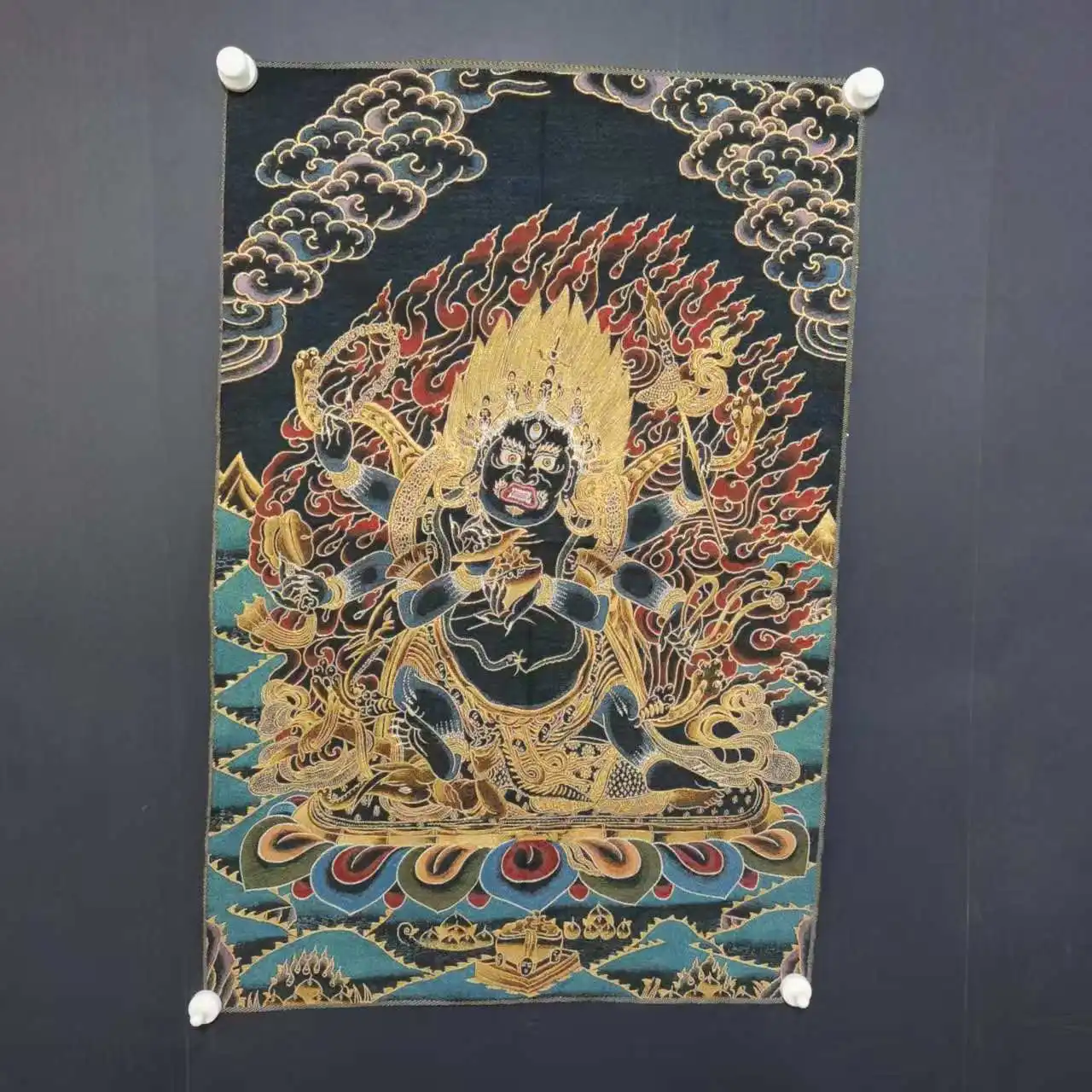 

35"Thangka Embroidery Tibetan Buddhism silk Embroidery brocade Nepal Six arms Mahakala Buddha Thangka hanging panel