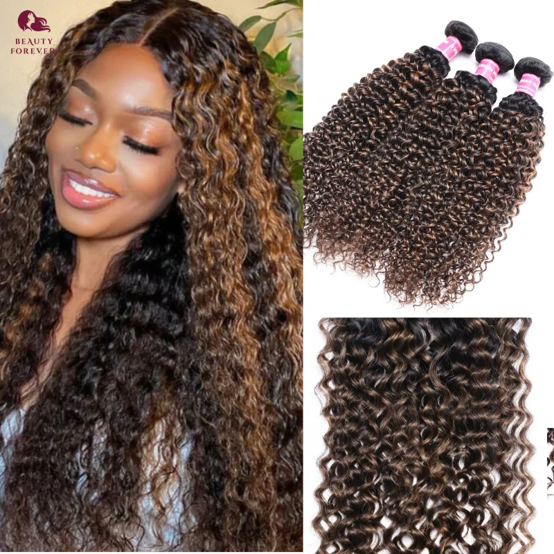 BeautyForever Highlights Curly Human Hair Bundles #FB30 Balayage Brown 12A Remy Hair Honey Blonde Colored Human Hair Bundles