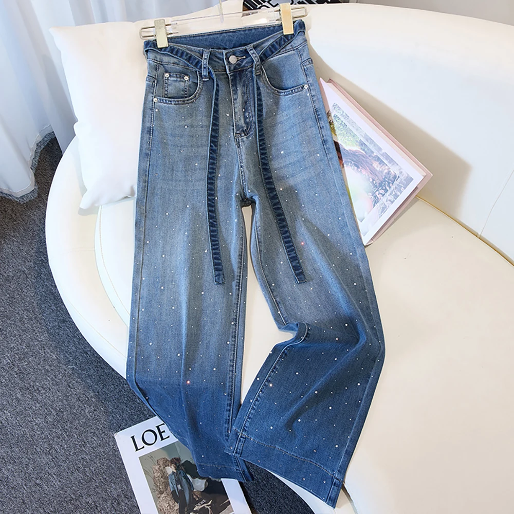 

Fashion Gradient Starry Diamond Jeans Women Spring Autumn High Waist Blet Straight Loose Denim Pants Female Wide Leg Jeans