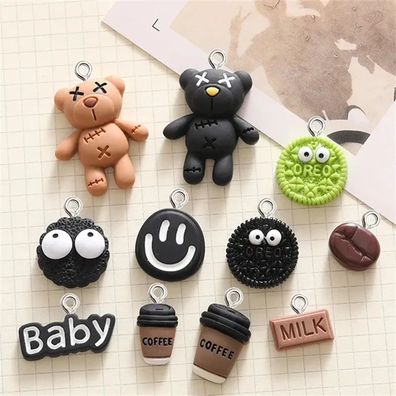 10Pcs Adorable Cartoon Bear Coffee Cookie Resin Pendants Flatback Charms DIY Ornaments Keychain Phone Jewelry Making