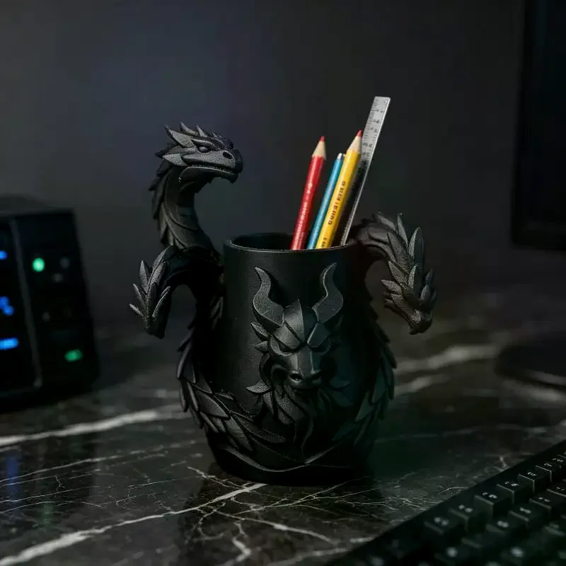 1Pcs Creative 3D Printed Dragon Pen Holder Three Headed Dragon Desktop Organizer Monster Desk Organizer Multi-Functional