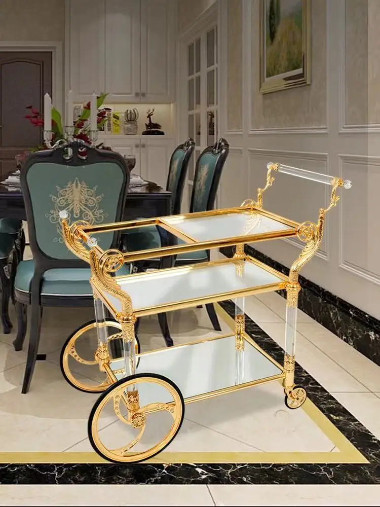 Medieval Vintage Dining Cart Hotel Bar Family Dining Service Cart Gold Copper Trolley