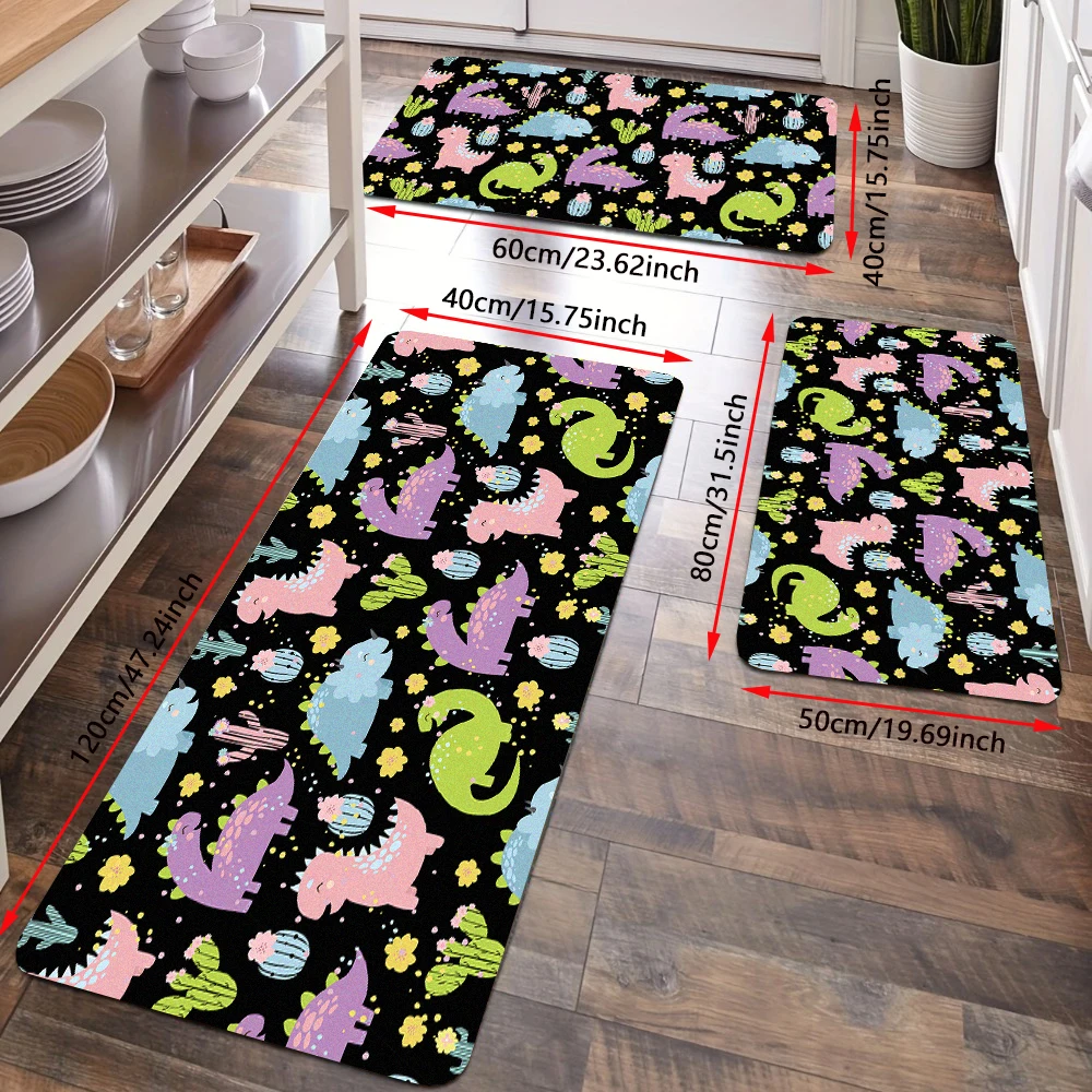 Cartoon Dinosaurs Kitchen Rug Set Cute Dino Animal Hallway Entrance Doormat Flannel Bath Mat Non-Slip Kids Boy Room Carpet Home