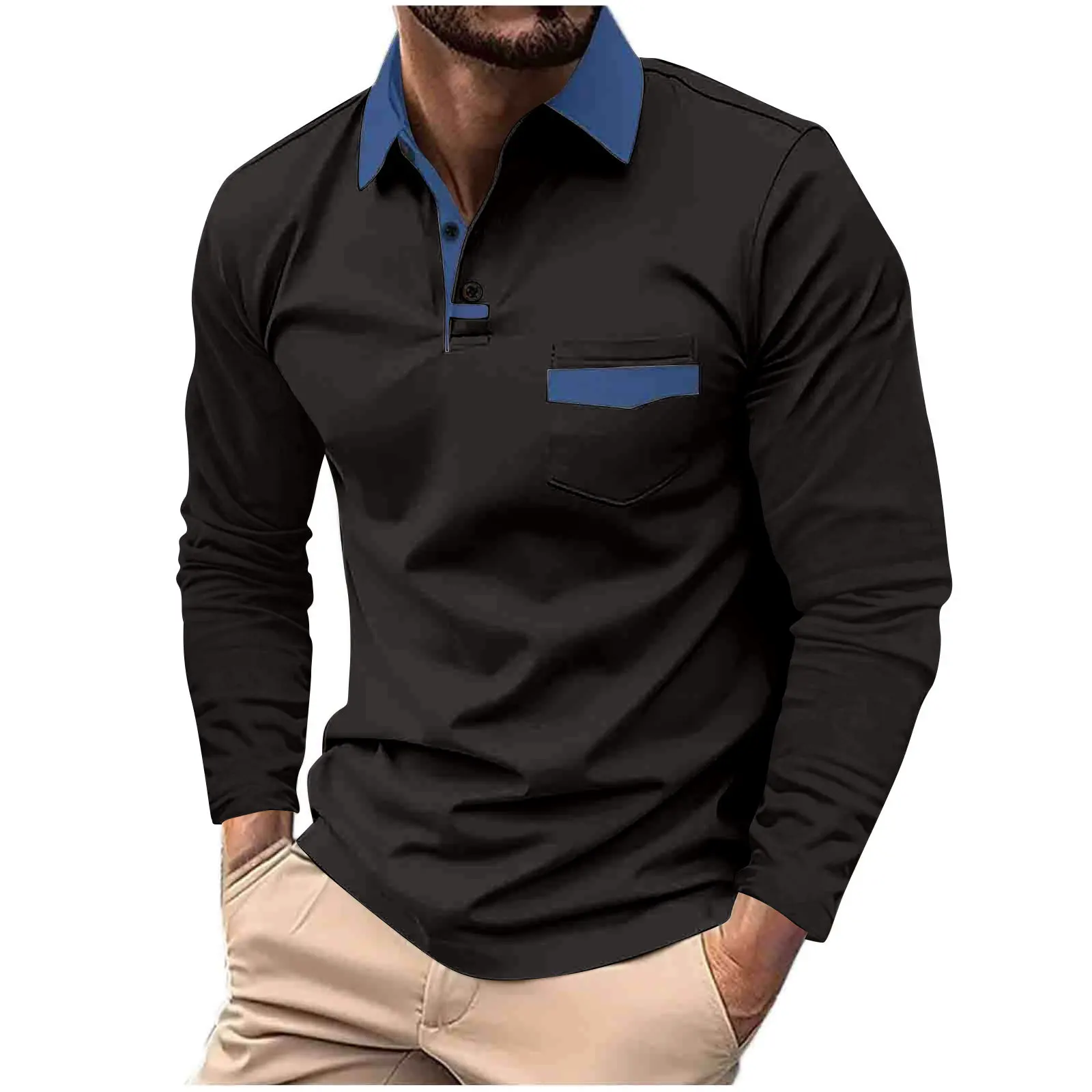 Hot 2024 Spring and Fall leisure business POLO shirt chest pocket men\'s lapel long-sleeved polo shirt