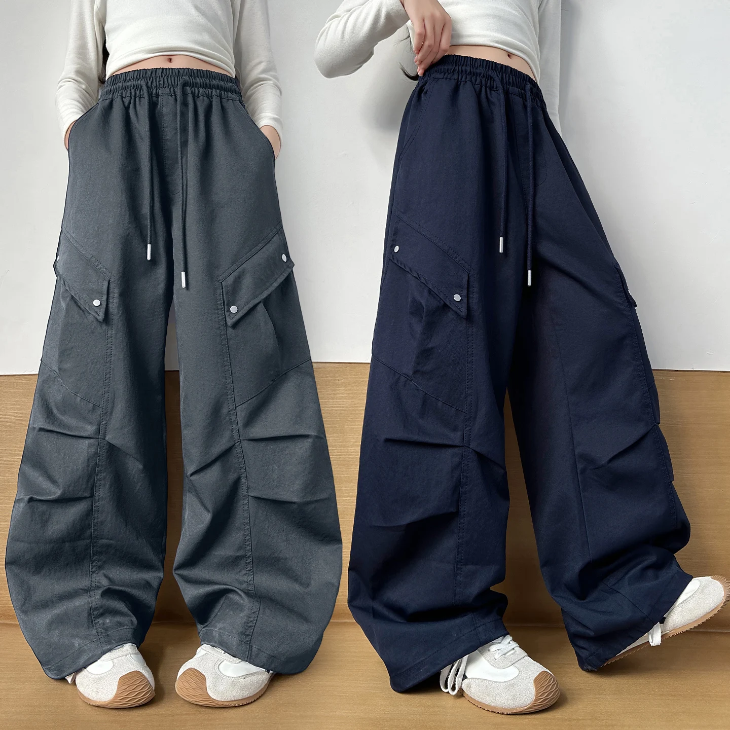 

New Autumn Girls Pants High Waisted Children's Loose Korean Patchwork Bending Knife Cargo Pants Kids Casual Style Long Trousers