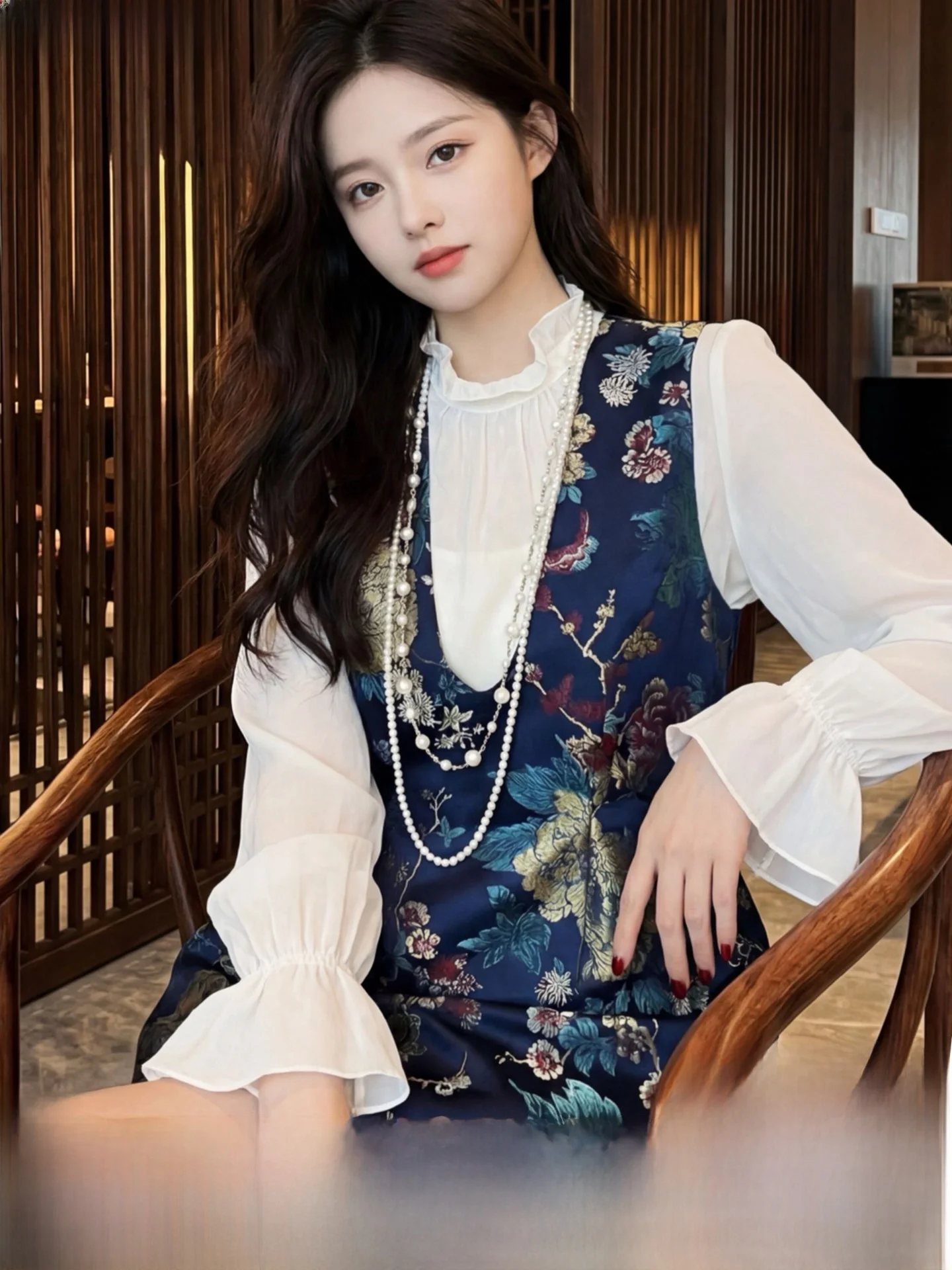 

Женский жилет Dr Young Sle с вышивкой синих пионов, новый, в китайском ретро-стиле, с цветовыми блоками, длинными рукавами, свободного кроя, H-образный силуэт, из полиэстера.