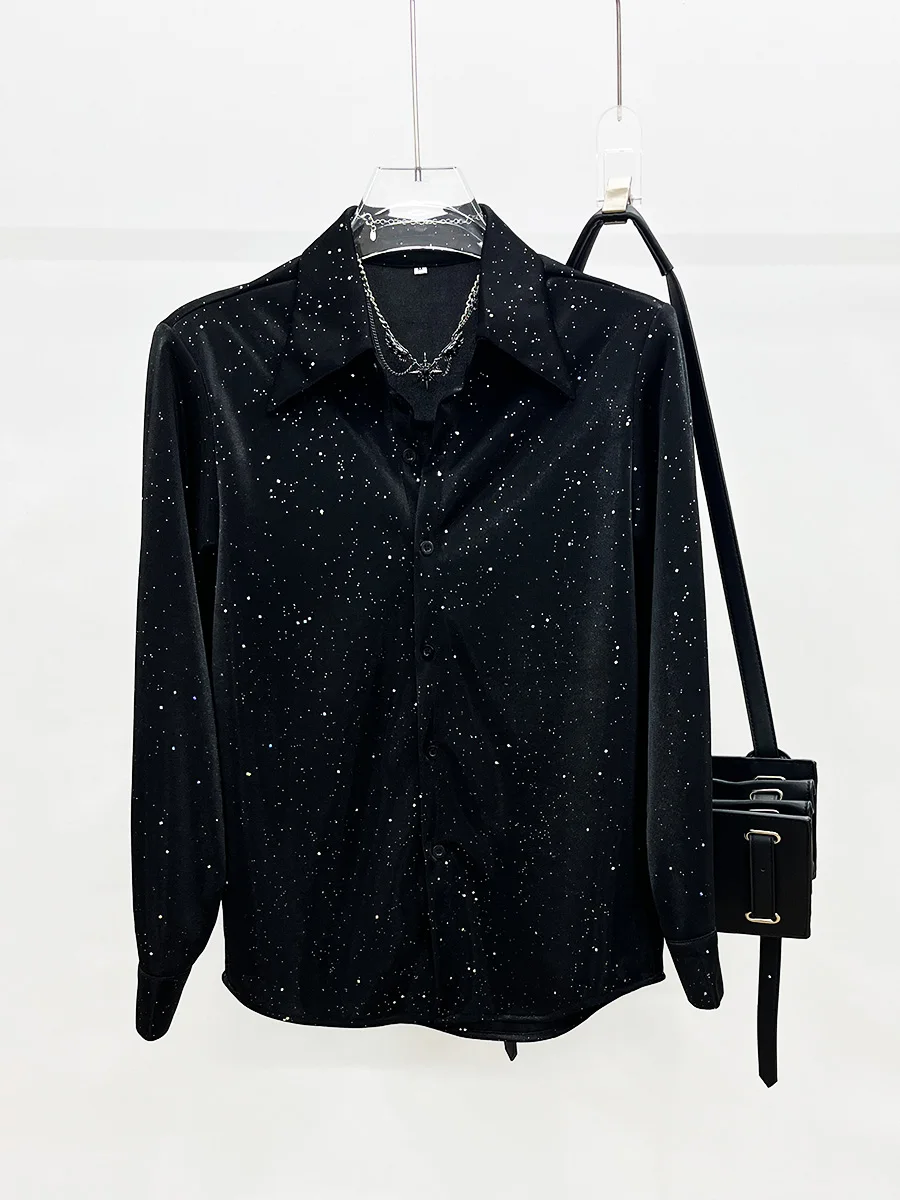 

Ele Long Sve Men's irt Bla Glittering Trendy Haome Lightweight Luxury Spring Summer Casual Faion Starry