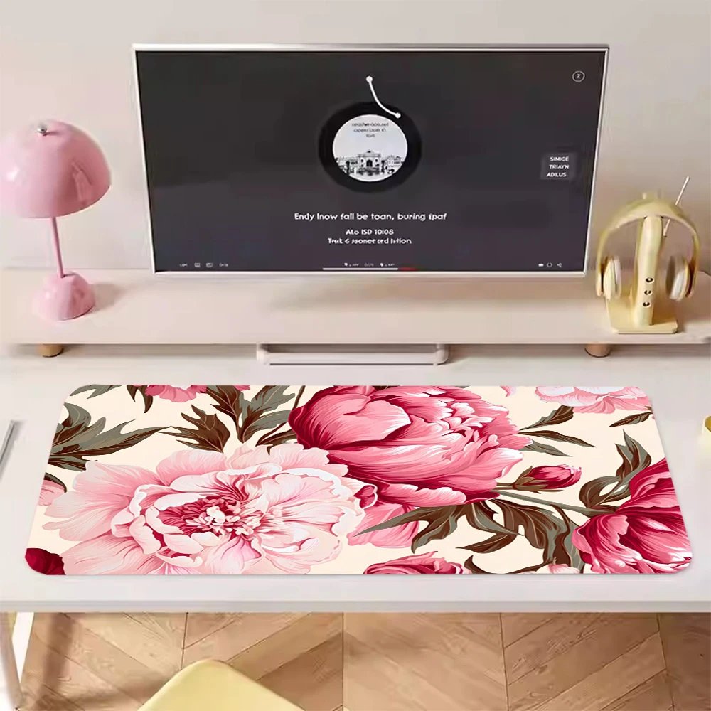 Tappetino per mouse con piante di fiori rosa Tappetino per mouse grande per computer da gioco Tappetino per mouse retrò XXL Tastiera con fiori di campo Tappeto antiscivolo lavabile HD morbido