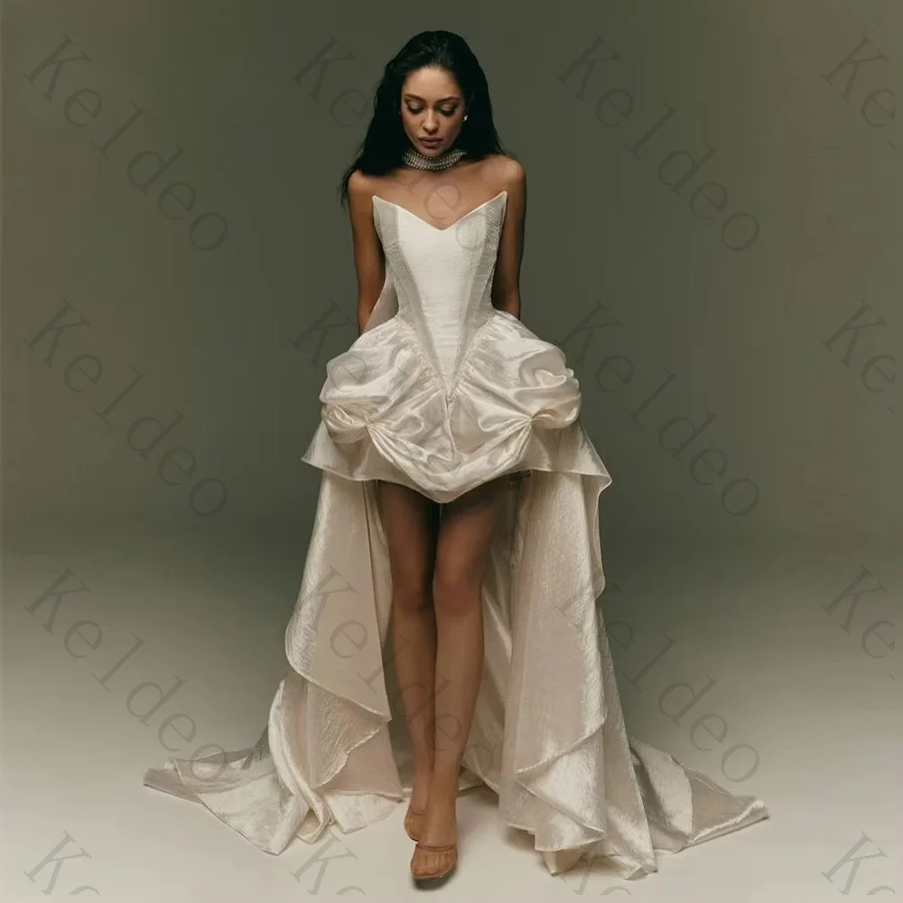 Customized Sexy V-Neck A-line Sleeveless Scarf Wedding Dresses Detachable Skirt Ruffle Pleat Open Back Hi-Lo Length Bridal Gowns