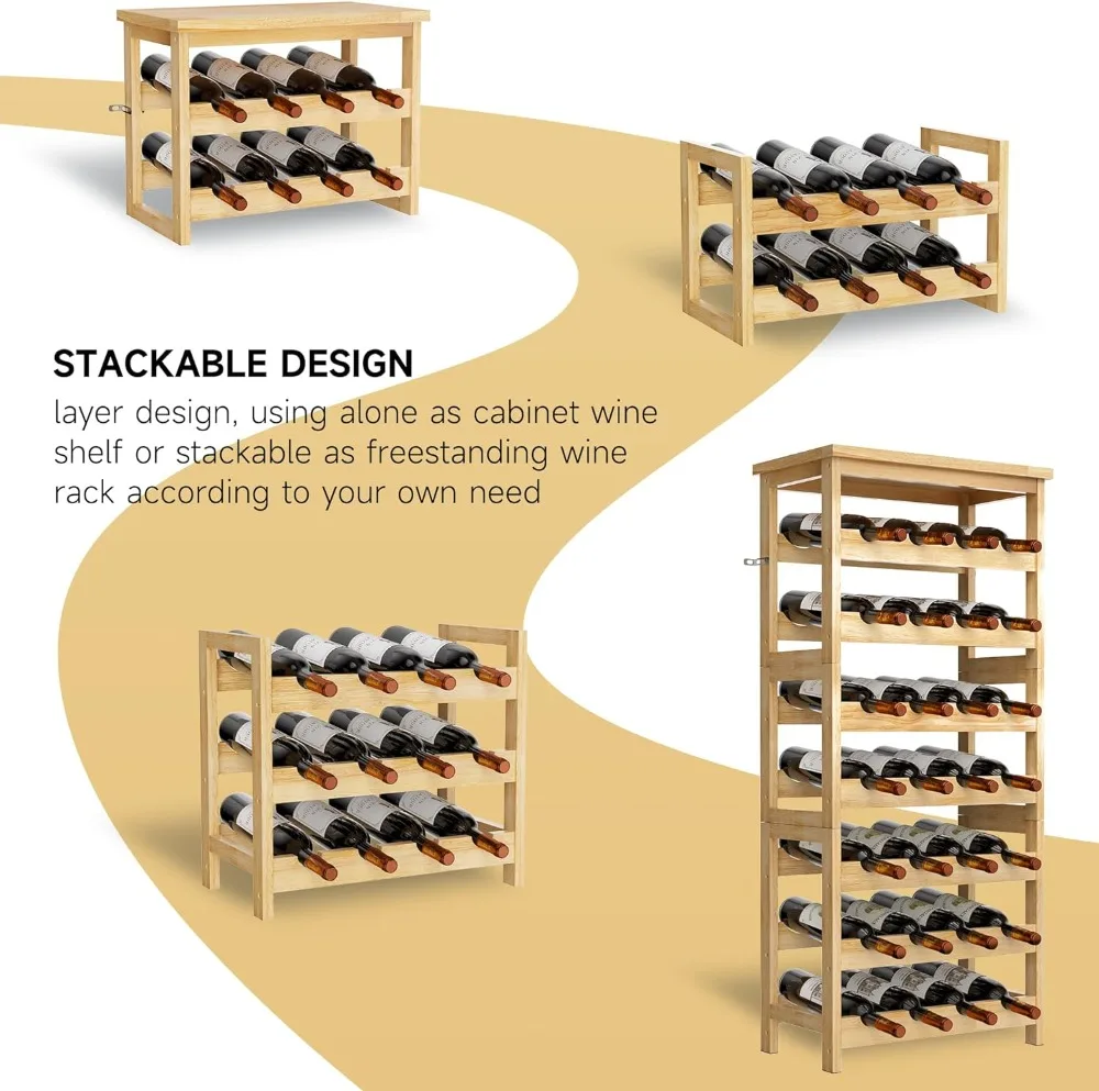 Free Standing Wine Rack com mesa, exibição de madeira maciça, prateleiras de armazenamento de vinho, piso sem oscilação, 7 níveis, 28