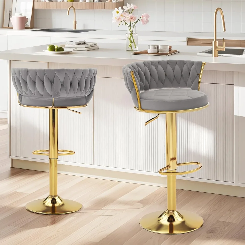 

Bar Stools Set of 2, Adjustable Barstools Counter Height Stools with Back and Arm, w/Gold Metal Leg & Base, 360°Swivel Bar Chair