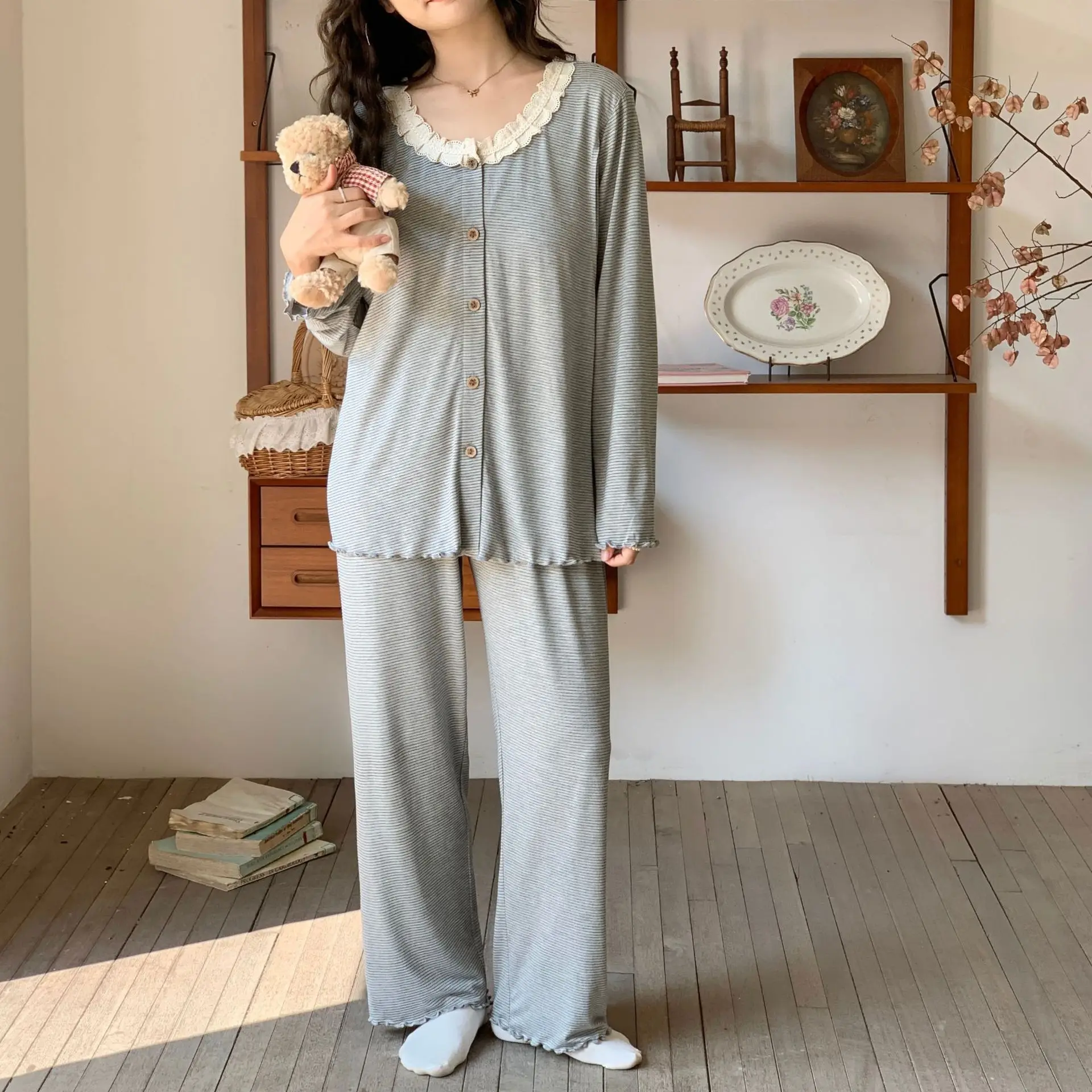 

Modal Maternal Pajamas For Women Sleepwear New Striped Long Sleeve Trousers Feeding Nightie For Nursing Pregnant Pajama
