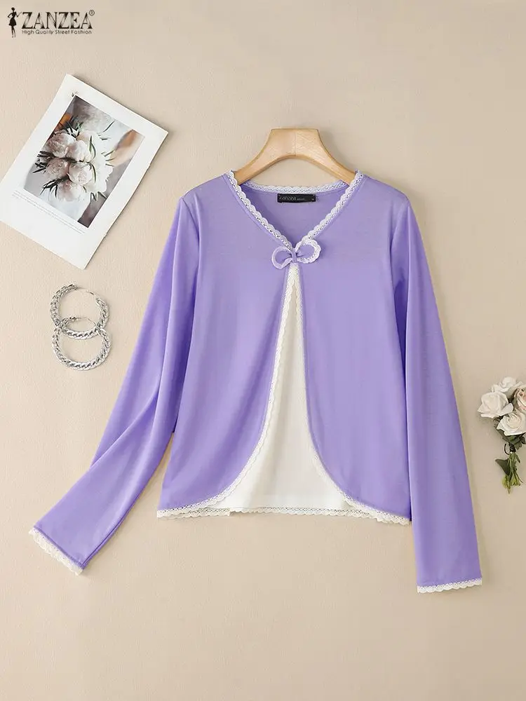 

ZANZEA Autumn 2025 Fashion Fake Two Pieces Women Blouses Lace Trim V-Neck Long Sleeve Bow Detail Contrast-Color Tops S-3XL