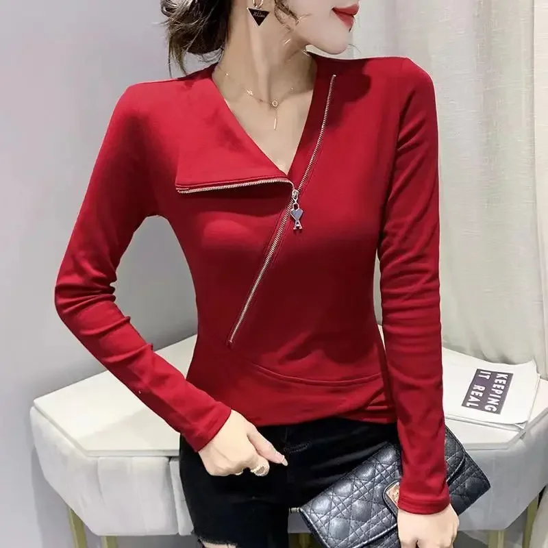 Modal Irregular Women Slim Zipper T-shirt Spring Autumn New Female Clothing Tees Fashion Casual Solid Chic Long Sleeve Tops