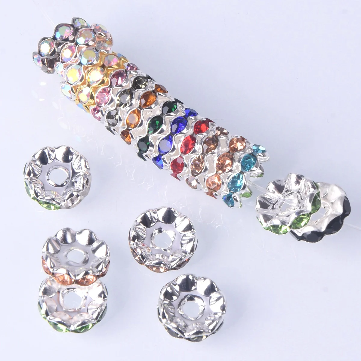 50PCS 12mm Flat Rondelle Shape Glass Rhinestones Metal Loose Spacer Beads Lot For Jewelry Making DIY Crafts Findings