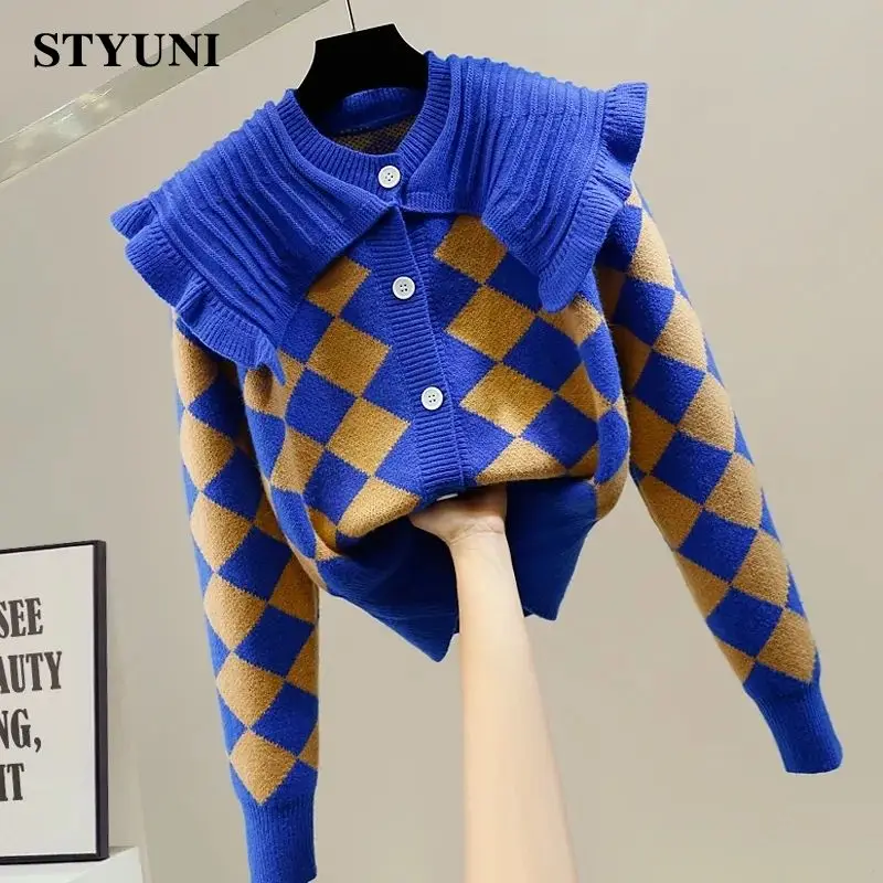 Peter Pan Collar Patchwork Argyle Vinatge Acrylic Knitted Women's Cardigan Long Sleeve Single-breasted Winter Female Sweaters