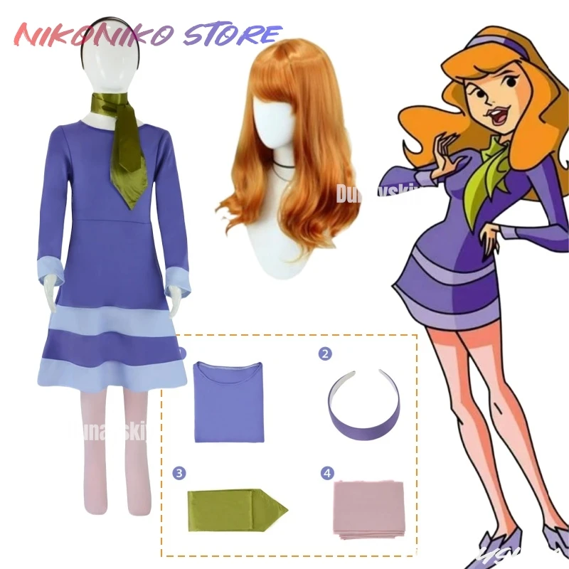 Daphne Cosplay Lila Kleid Outfits Kostüm Cartoon Rollenspiel Frauen Verkleidung Perücke Schal Socke Halloween Party Anzug Kinder