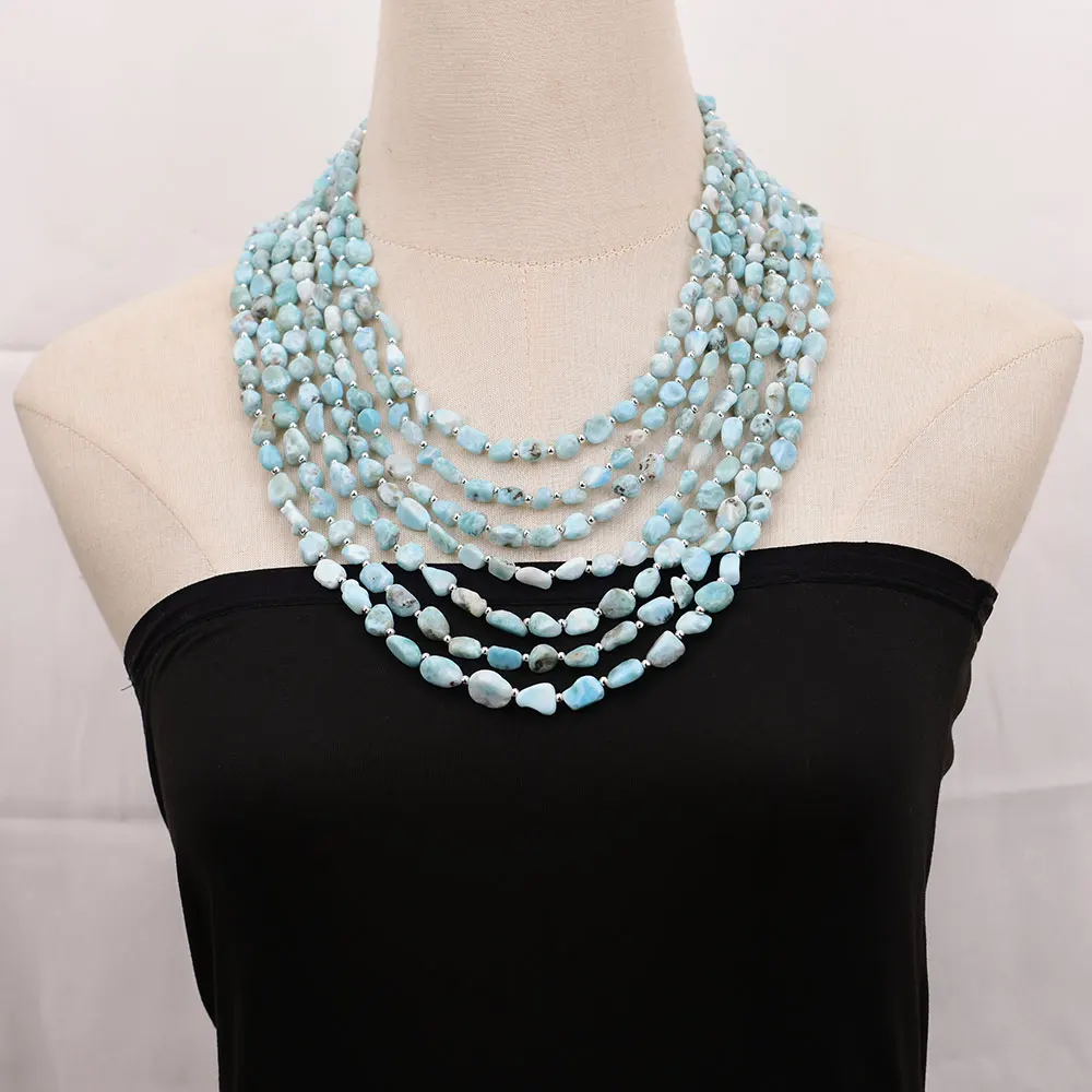 

GG 7 Rows Natural Blue Larimar Freeform Nugget Beads Stone Necklace