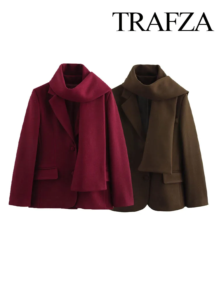 TRAFZA, chaqueta holgada de manga larga con bolsillo y un solo pecho para mujer, abrigo con cuello y bufanda de invierno, prendas de vestir elegantes con solapa para mujer