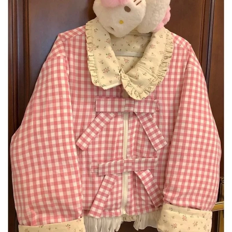 

Lolita Girls Ruffled Edge Floral Peter Pan Collar Cotton-padded Jacket Teens Winter Outerwear Korean Y2K Cute Boe Pink Plaid New