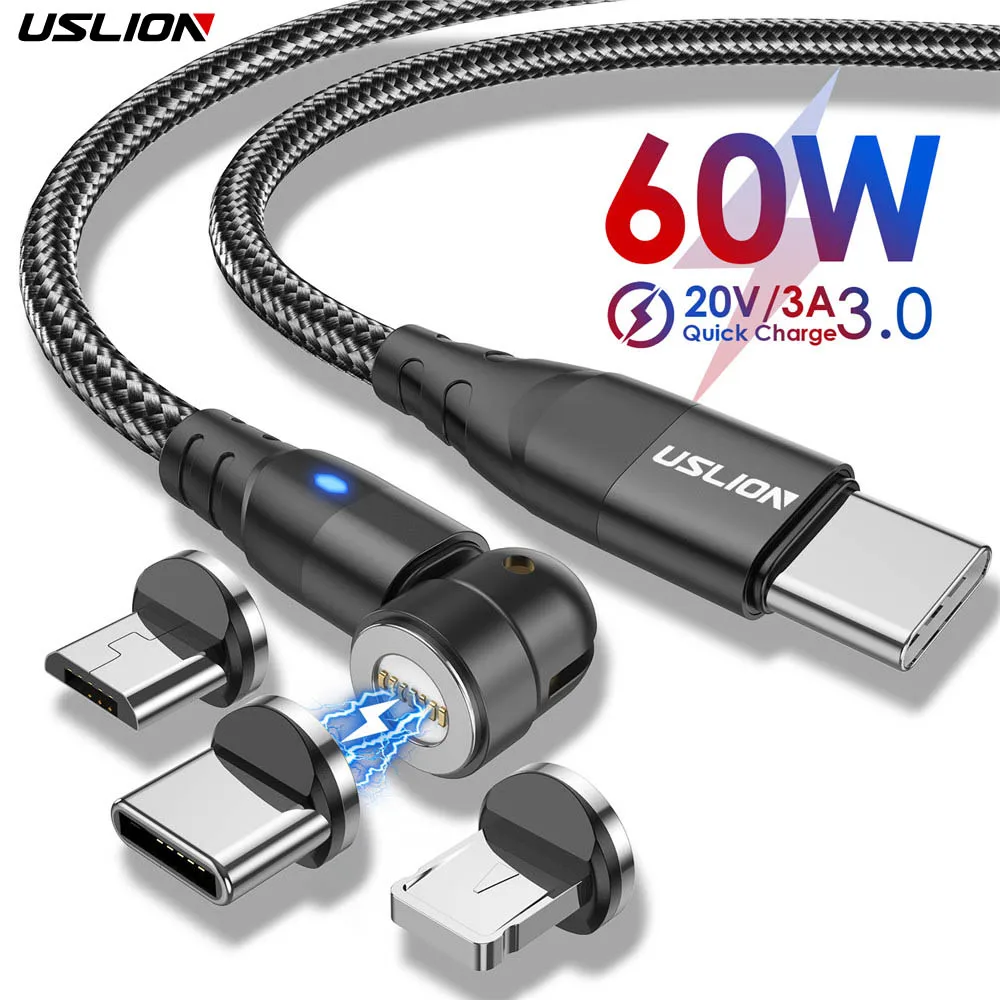 USLION 3 in 1 60W Magnetic Cable Quick Charge 4.0 USB C to Type C Cable PD Fast Charging For Samsung MacBook Data Charger Cable