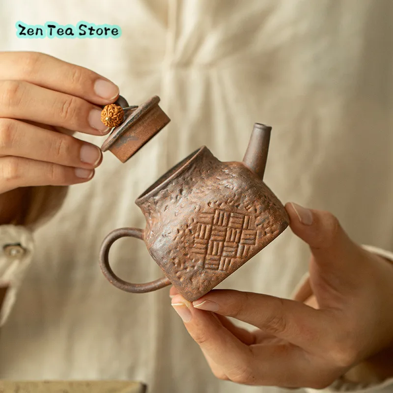 Old Rock Clay Handmade Teapot Retro Coarse Pottery Small Capacity Four Square Pot Home High-end Ceramic Tea Infuser