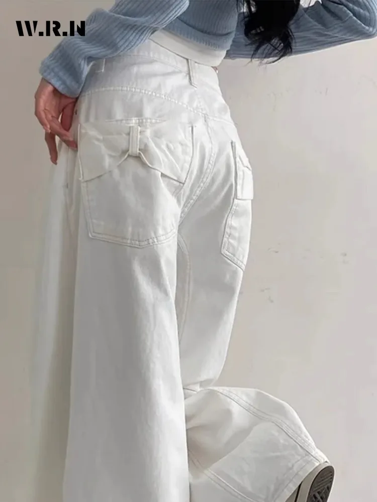 

2025 Summer Sweet Basics Style Harajuku 3D Bow Jeans Women's Casual Mop Full Length Pants Y2K Street White Denim Trouser