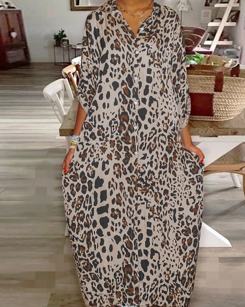 Vintage Dresses for Women Linen Leopard Print Turn-Down A Line Long Sleeve Front Button Shirt Dress Casual Dress Streetwear