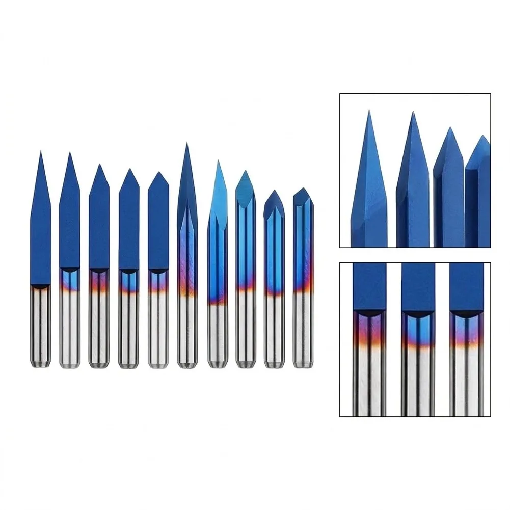 10 Pcs 1/8 Inch Shank CNC Router Bits Set 20 30 45 60 90 Degree For V Bit For Nano Blue Coated For Carbide Engraving Tool Fits