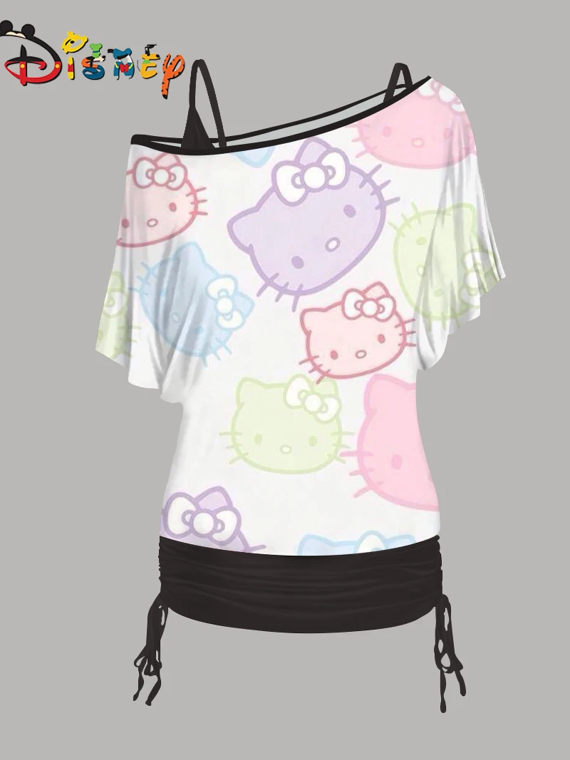 Tops Mini Skirt Fashion Summer Dresses 2024 Disney Hello Kitty Two Piece Set Sexy Elegant Women's Sets Dress T-shirt Pieces Set