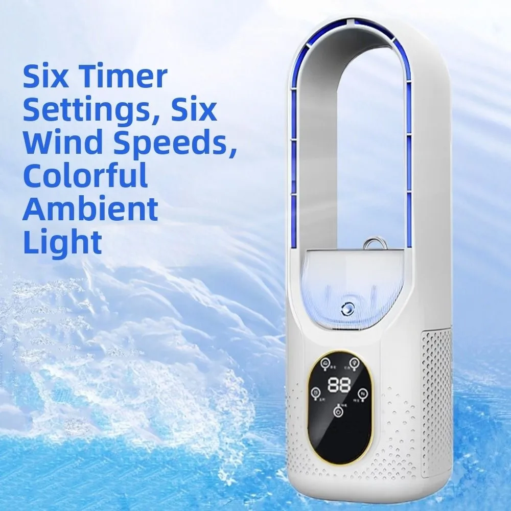 Bladeless Desktop Humidifying Fan 6 Speed Colorful Lights Silent Spray Fan Digital Display Timer Portable Air Conditioner