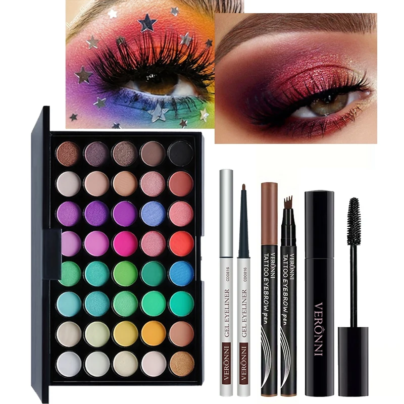 40 Colors Eyeshadow Palette with Mascara/Eyebrow Pencil/Eyeliner Pigments Earth Color Waterproof Long Lasting Cosmetics Makeup