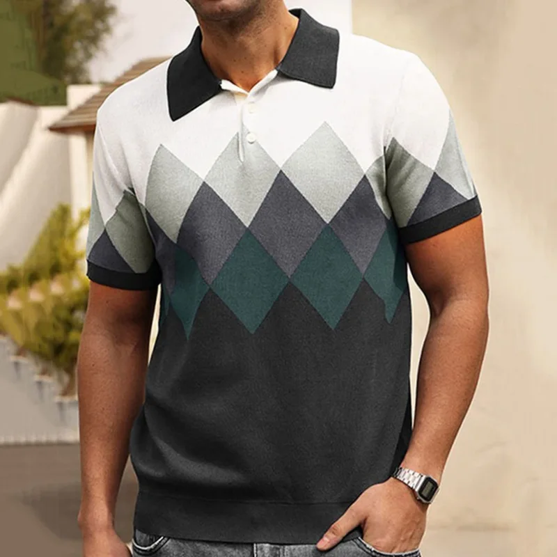 

European and American men's summer new short-sleeved diamond jacquard sweater business POLO shirt men