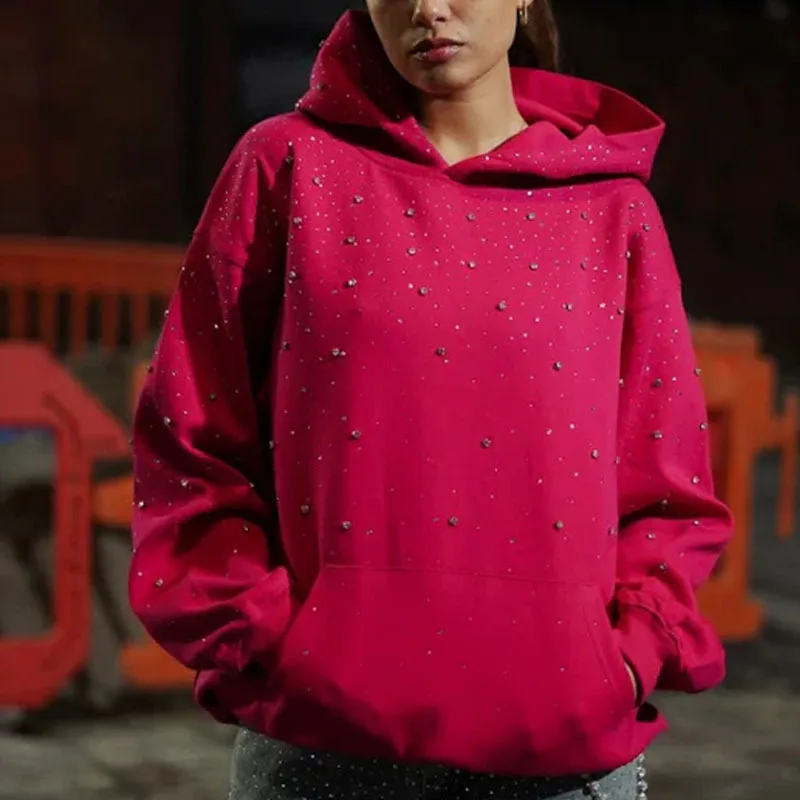 2025年 フード付きスポーツプルオーバー、ホットスタンピングダイヤモンドカップルスタイルストリートウェア、INS