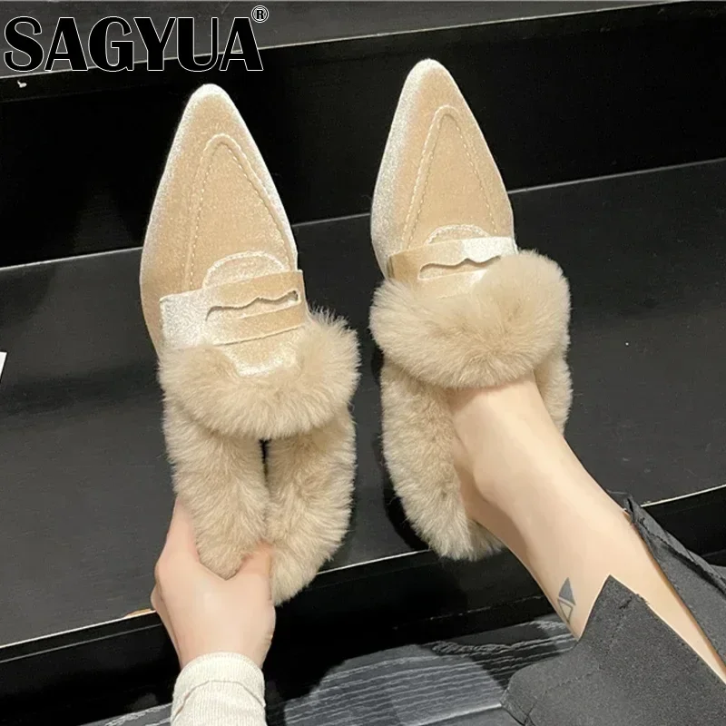 Suede Luxury Furry Slippers Women Plush Warm Home Shoes Ladies Pointed Toe Sexy Party Heels Winter Fur Slides Fad Botas De Mujer