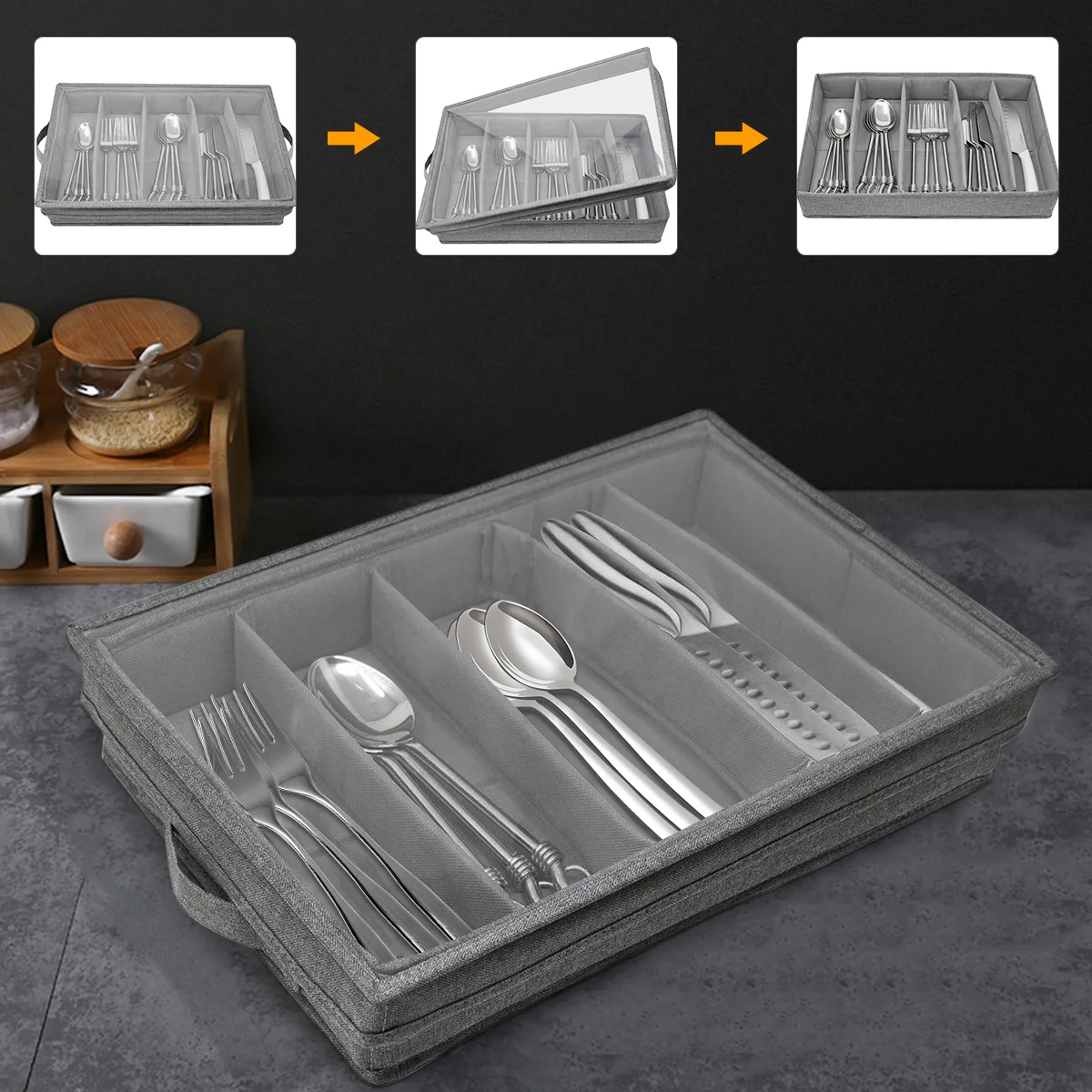 Picnic Flatware Storage Case Lid 5 Compartment Silverware Storage Box Portable Cutlery Storage Holder for Home Kitchen Utensils