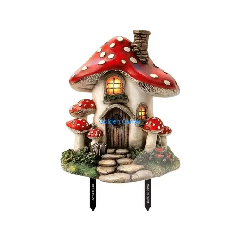 

E15D Weather Resistant Mushroom House Stakes To Enhances Your Garden's Natural Charm
