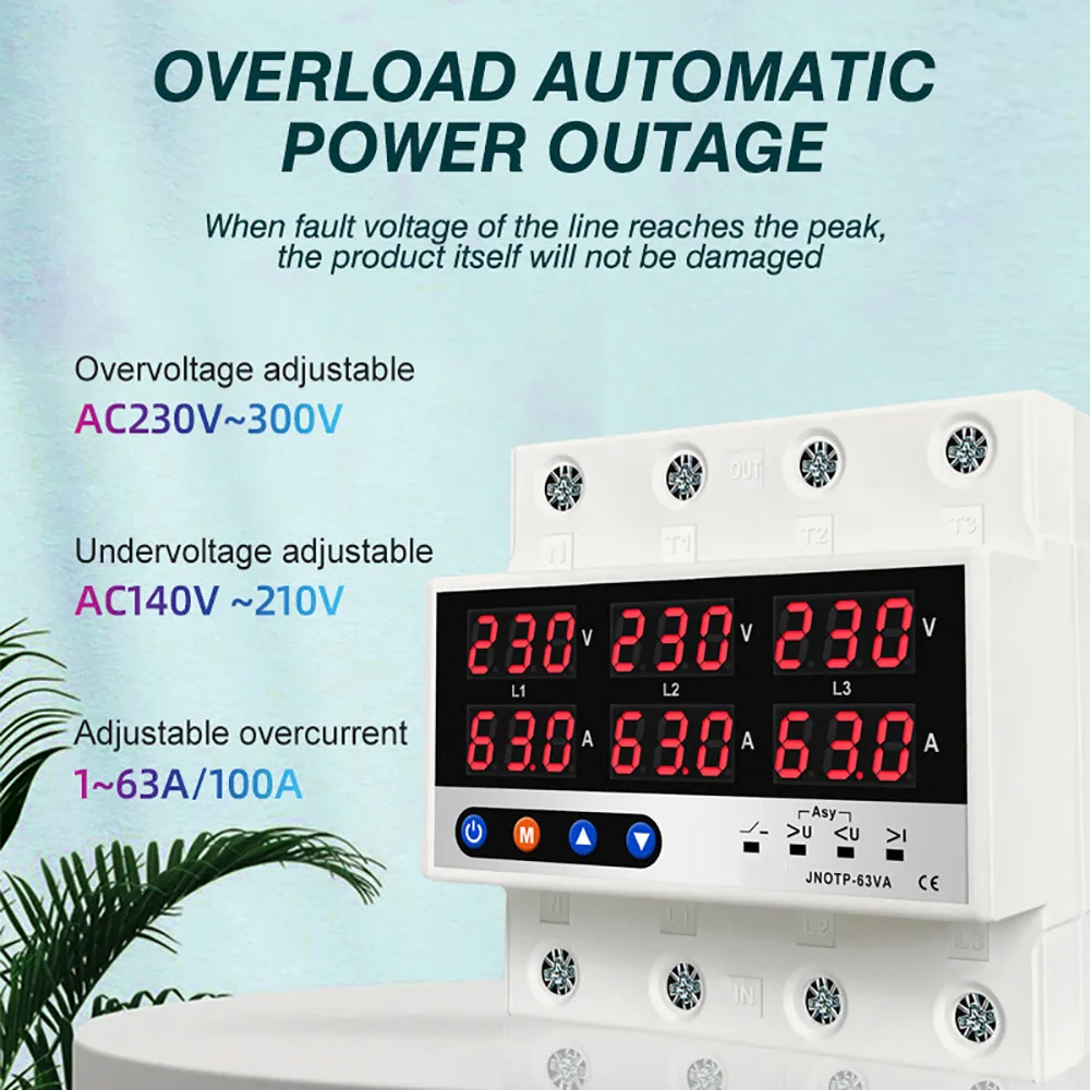 Din Rail 3 Phase Voltage Relay 3P+N Voltmeter Ammeter Over and Under Voltage Monitor Relays Protector Adjust Current Overvoltage