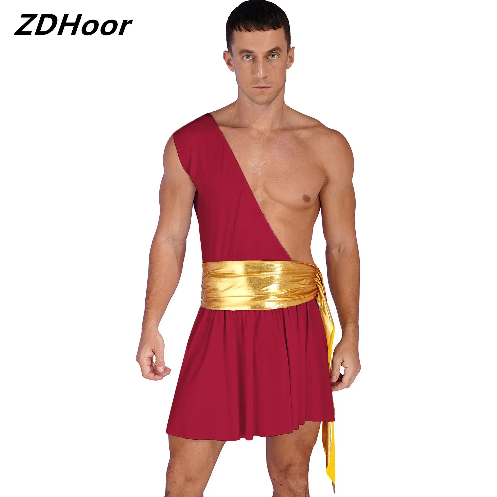 

Mens Ancient Greek Cosplay Ruffle Dress One Shoulder Metallic Ruched Belted Dresses Outfit Halloween Stage Performance Costume