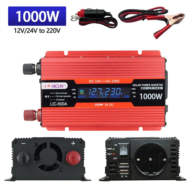 2KW Power Inverter 12V 24V To 220V 230V 2000W 1500W 1000W LCD Display EU Socket Solar Inverter USB Fast Charging for Phone Car