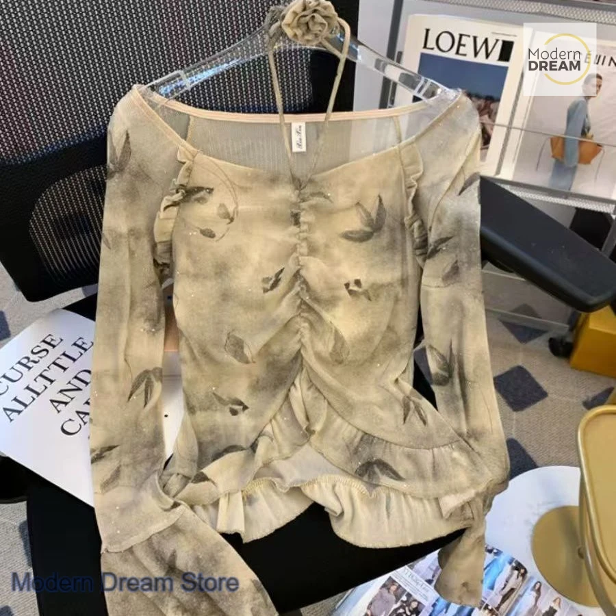 French advanced round neck flower bright screen yarn T-shirt female spring and autumn trumpet sleeve long sleeve bottoming shirt