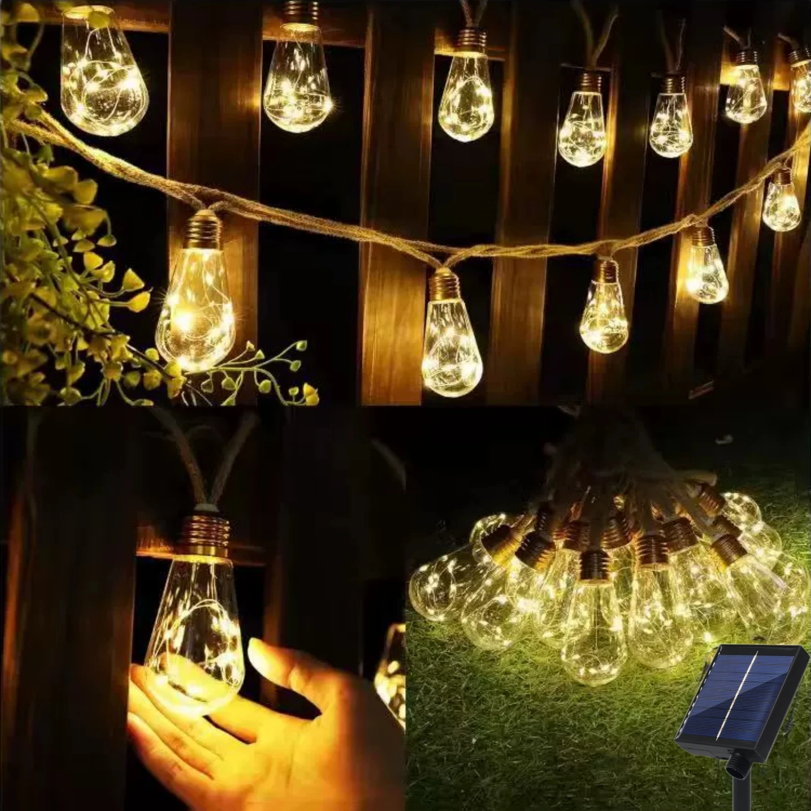 16/10 Bulbs Solar Outdoor String Lights 8 Modes Outdoor Waterproof Vintage Rope Hemp Fairy Light for Garden Fences Wedding Party