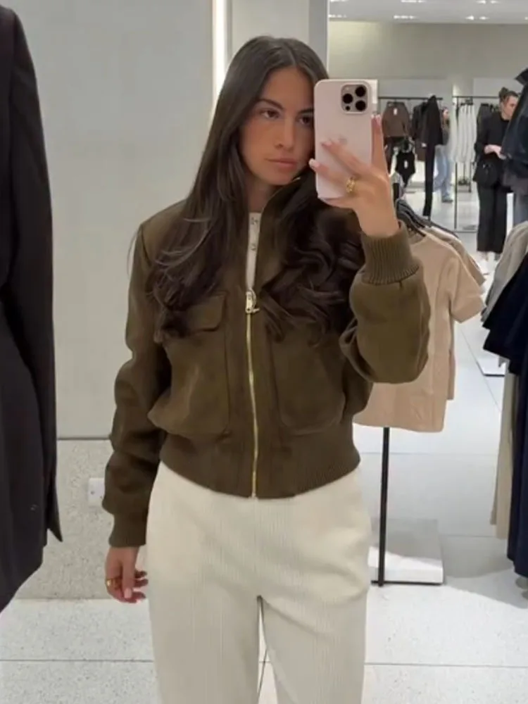 

Женская укороченная куртка HH Fashion в уличном стиле, однотонная, с воротником-стойкой, на молнии, с карманами, длинными рукавами, повседневная, приталенная, модель 2026 года
