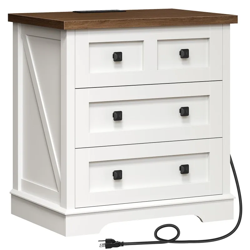 White Farmhouse Nightstand with 3 Drawers, Large Side End Table with Charging Station, Wooden Bedside Table with Walnut Top